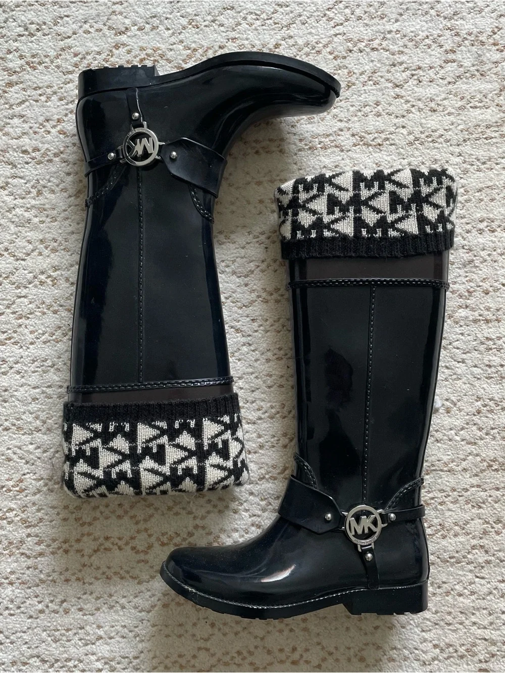 Michael Kors Black Logo-Trim Rain Boots with Knit Cuff